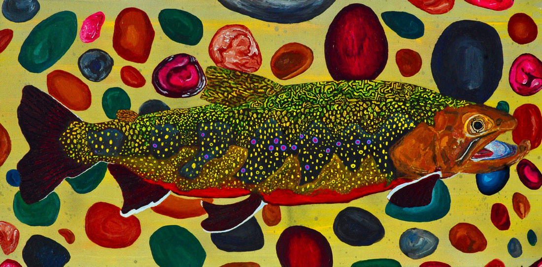 painting of a brook trout with brightly colored pebbles in the background