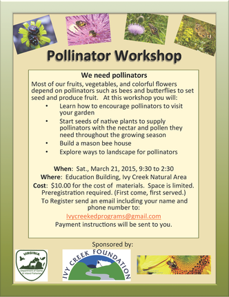 flyer announcing pollinator workshop in Charlottesville on March 23