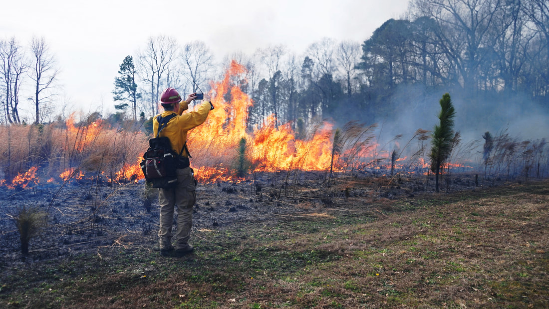 person in fire gear photographing a fire in an open area