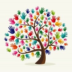 drawing of a tree with different sizes and colors of hands as the leaves