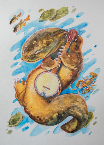 watercolor painting of a hellbender salamander holding a banjo