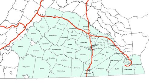 image with map of Virginia counties. Counties south of I-64 between I-81 and the eastern edge of Virginia are highlighted in green.
