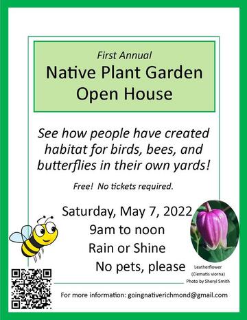 flyer describing a native plant garden open house with date, time, contact info