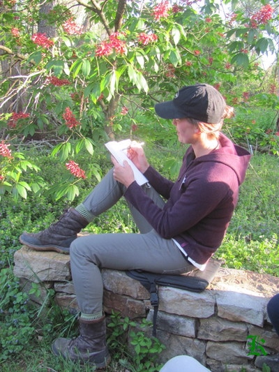 person sitting outdoors writing in a journal
