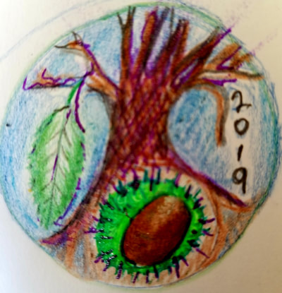 Circle with drawing of chestnut tree with enlarged leaf and burr with nut and the year 2019 