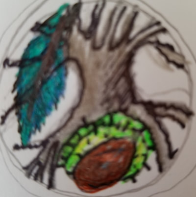 Circle with drawing of chestnut tree with enlarged leaf and burr with nut