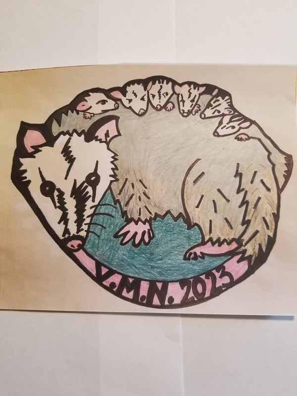 drawing of opossum with six baby opossums attached and text VMN 2023