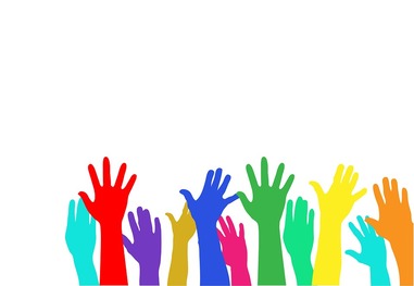 drawing of brightly colored hands in the air