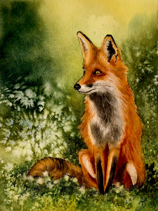 painting of red fox, seated