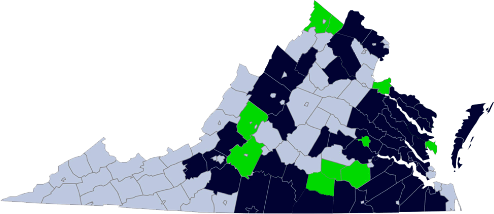 Map of counties in Virginia.  Counties without data on Eastern Spadefoot toads are shown in greyish-blue and are primarily in Southwest Virginia, the Alleghany Highlands, and Central Virginia.  Verified observations are shown in black and are primarily in southside and southeast Virginia, the Middle Peninsula, the Eastern Shore, the Northern Neck, the Shenandoah Valley, and Northern Virginia.