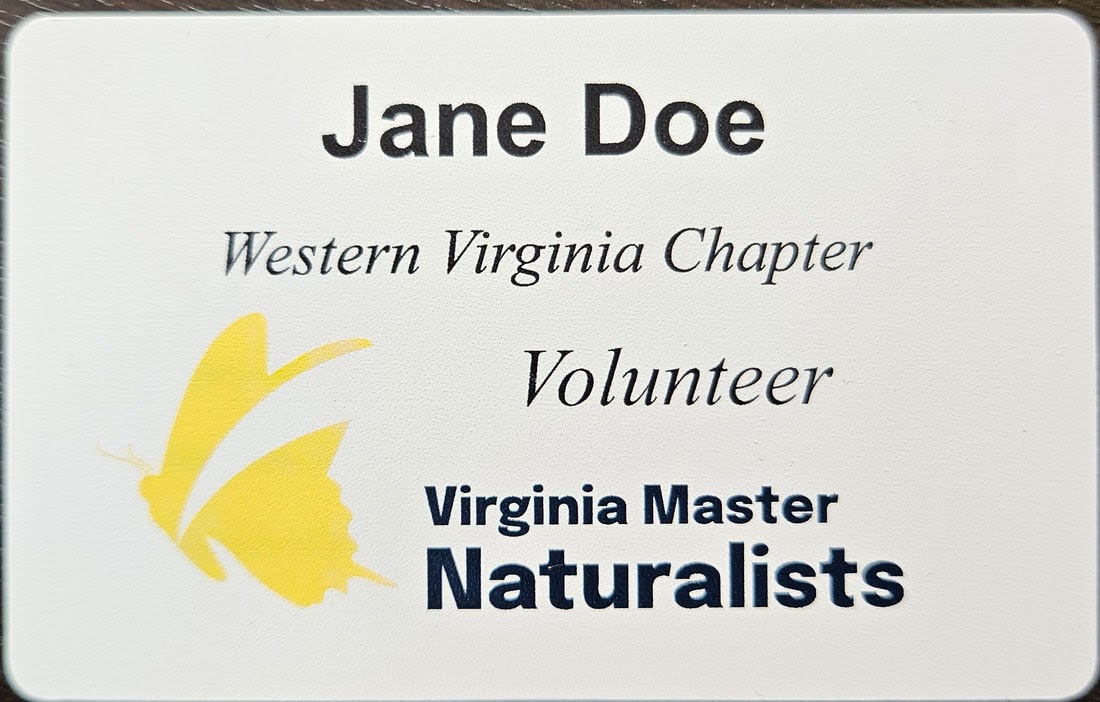 white name tag reading Jane Doe, Western Virginia Chapter, Volunteer, with a yellow butterfly Virginia Master Naturalists logo