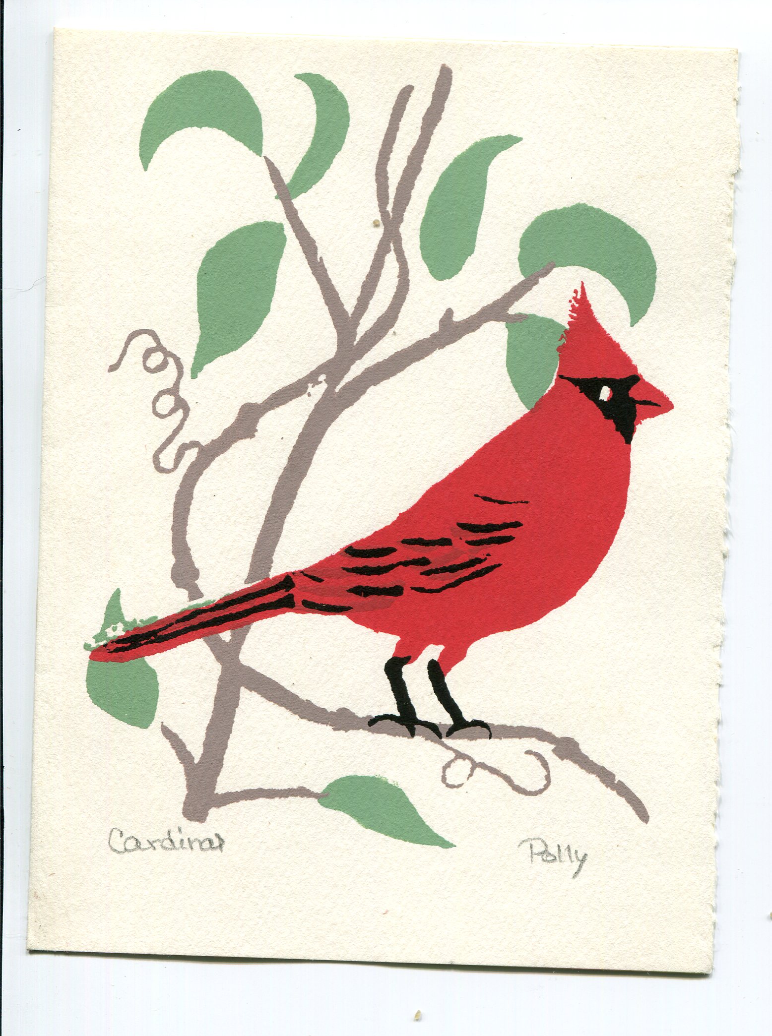 drawing of a red bird perched on a branch
