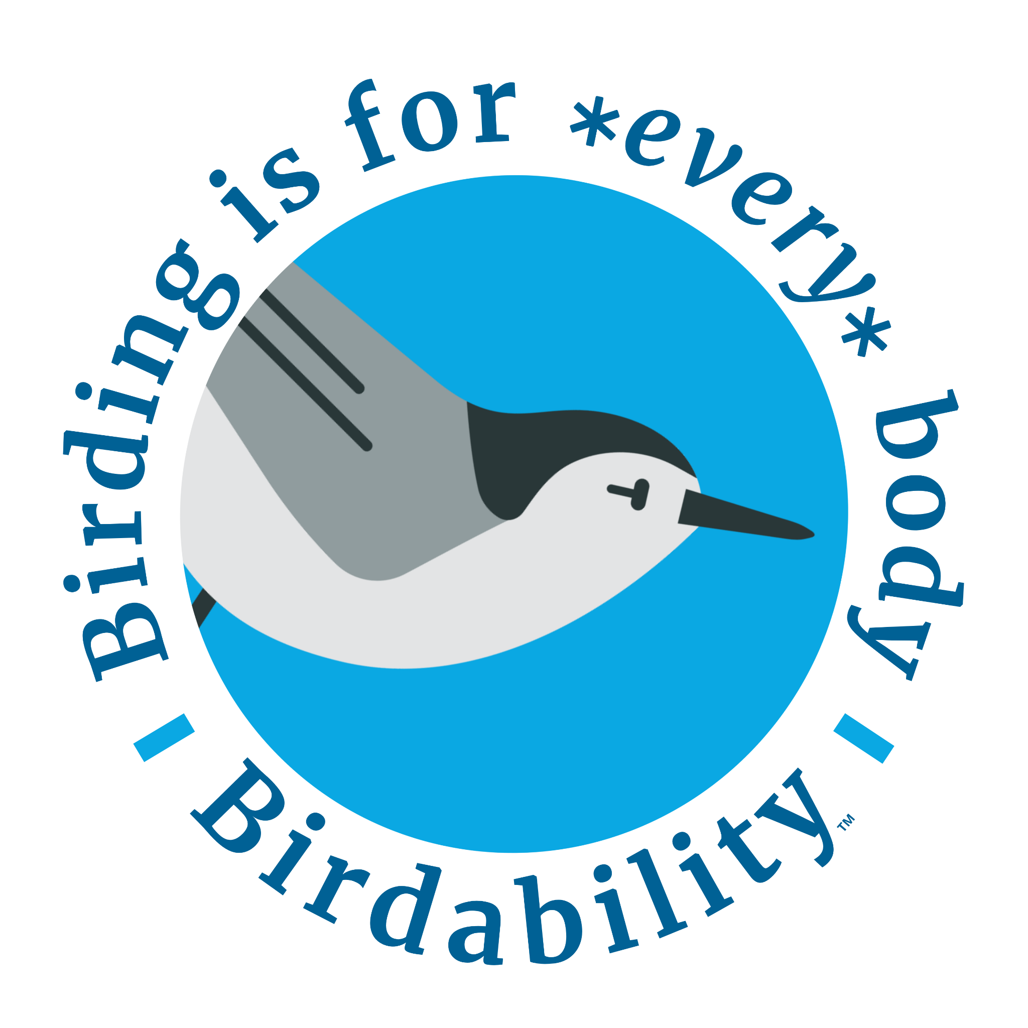 The Birdability logo features a stylized illustration of a White-breasted Nuthatch, set against a bright blue circular background. Surrounding the bird in a ring are the words “Birding is for every body” and “Birdability” in dark blue text, emphasizing the organization’s commitment to inclusive and accessible birding.