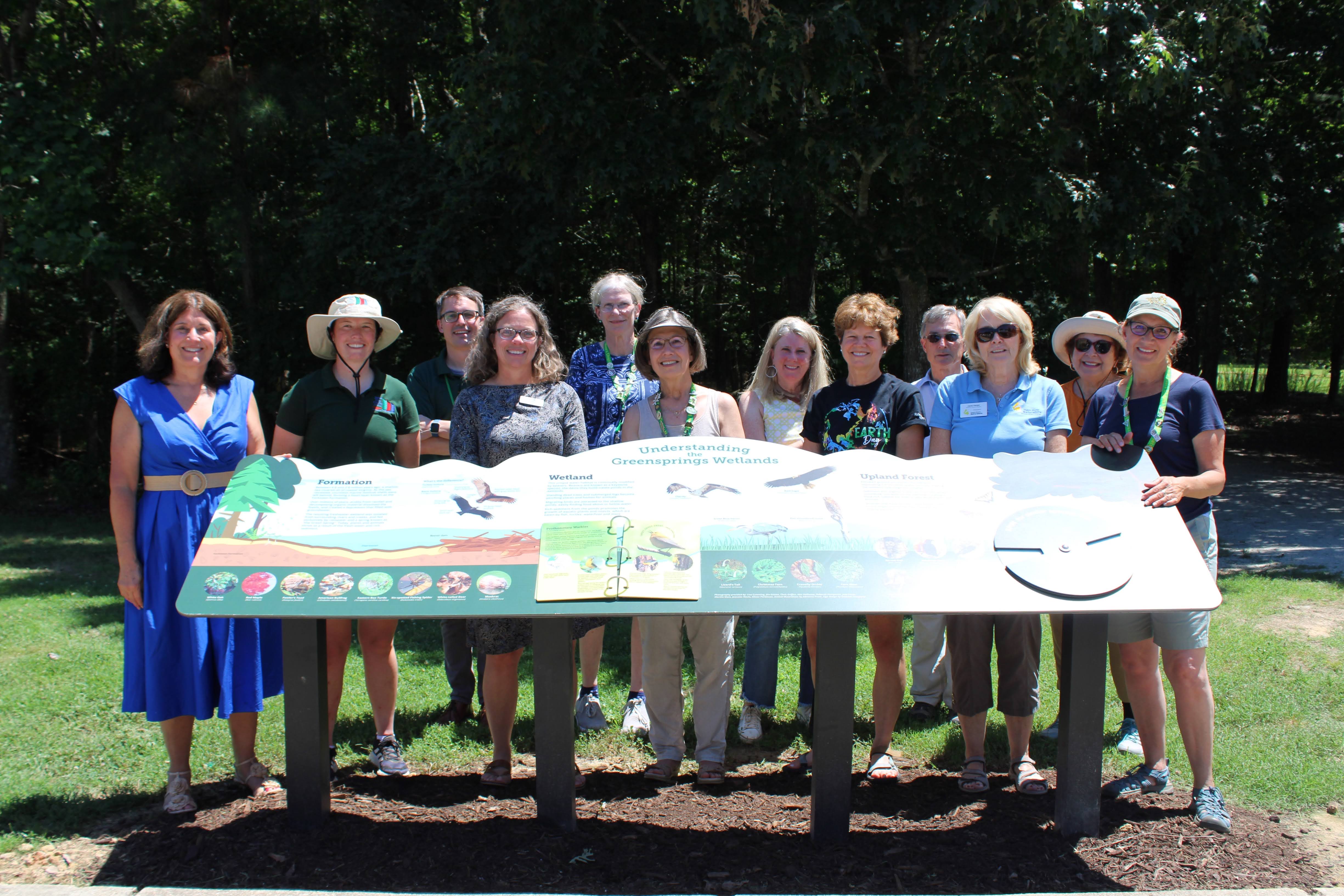 group of volunteers standing behind a large outdoor interpretive sign