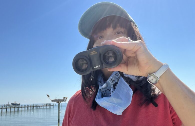 person looking through binoculars under a blue sky with an osprey on a nest in the background