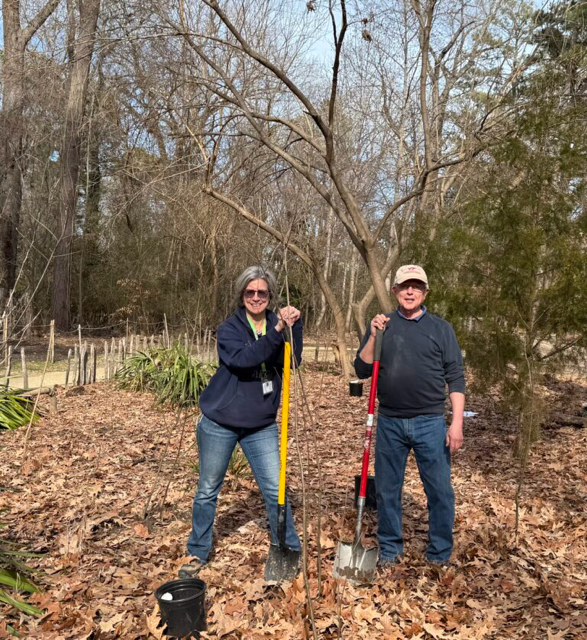 Two volunteers posed in a garden with shovels
