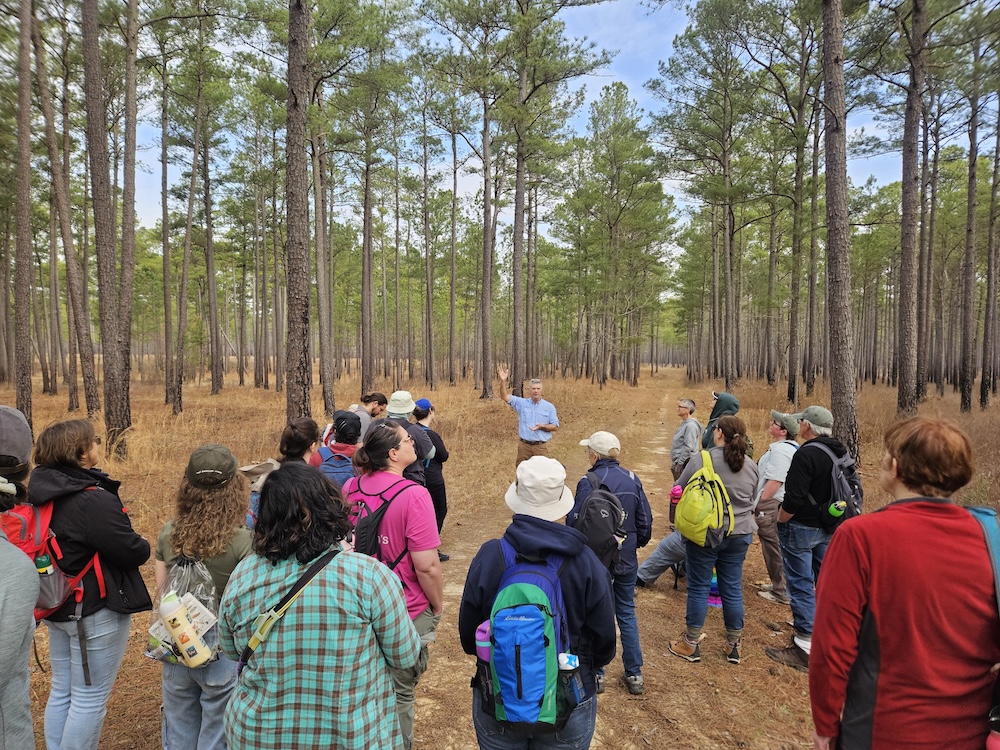 A gentleman stands in front of a group of 20 people. In a small clearing surrounded by longleaf pine trees.