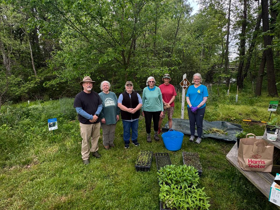 six volunteers posed outdoors with flats of native plants and gardening tools