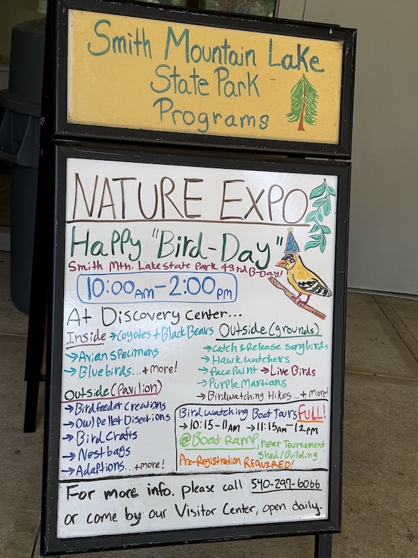 Smith Mountain Lake State Park program sign with Nature Expo Happy "Bird-Day" activities.