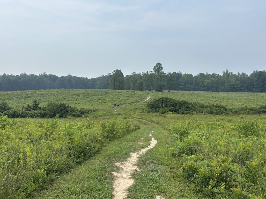 A mowed walking path leads through a meadow landscape, with two visitors visible in the distance.