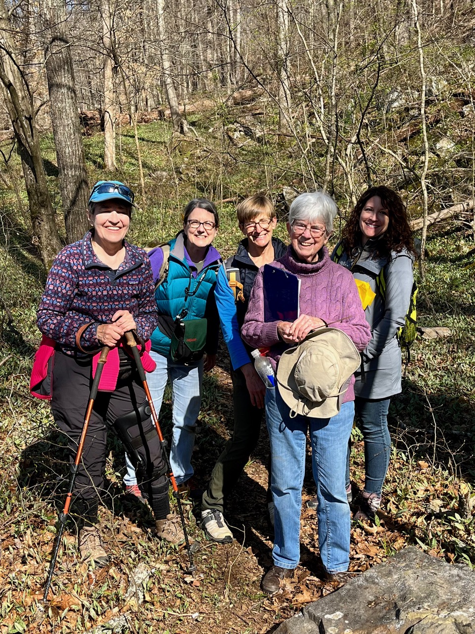 Five volunteers posed in a forest on a sunny winter day.