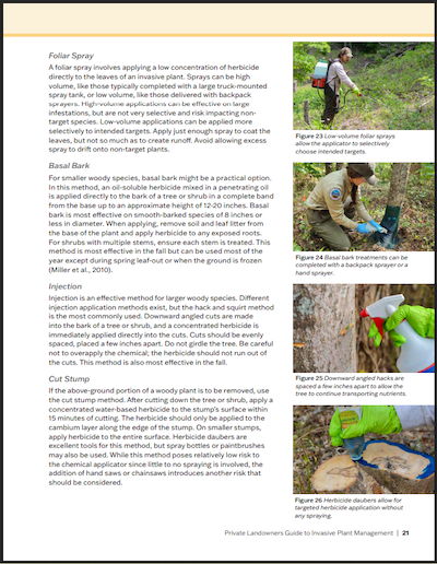 sample publication page showing instructions and photos for several methods of herbicide use, including foliar spray, basal bark, injection, and cut stump