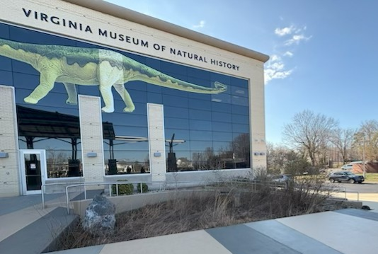 Virginia Museum of Natural History building with an untended landscaped area in front of it.